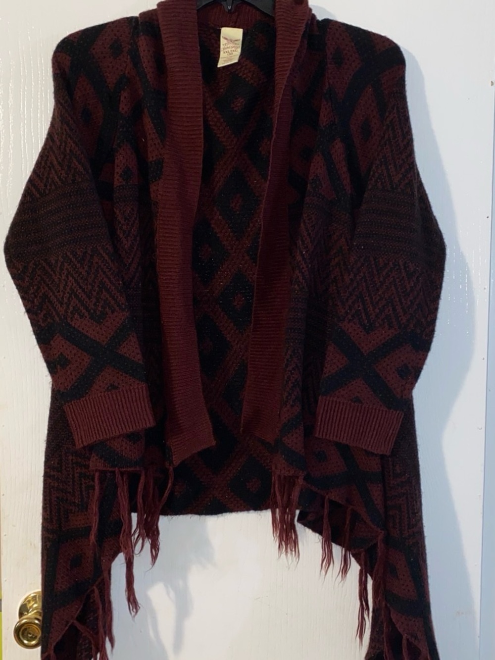 Faded Glory Burgundy and Black Geometric Fringe Cardigan